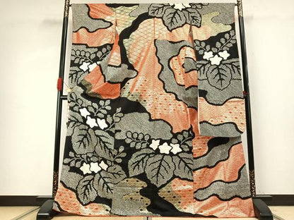 平和屋着物●豪華振袖　絞り　草花文　黒地　金彩　正絹　逸品　AABJ4132fy