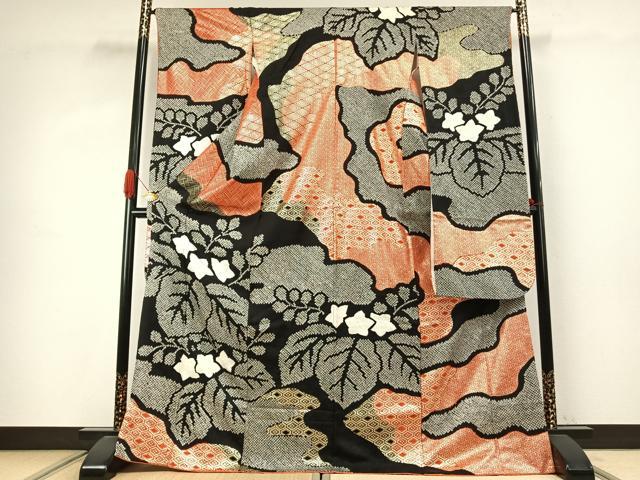 平和屋着物●豪華振袖　絞り　草花文　黒地　金彩　正絹　逸品　AABJ4132fy