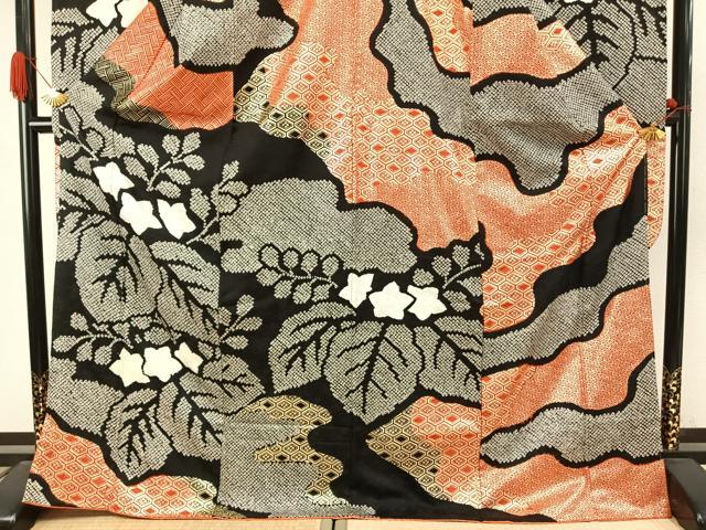平和屋着物●豪華振袖　絞り　草花文　黒地　金彩　正絹　逸品　AABJ4132fy