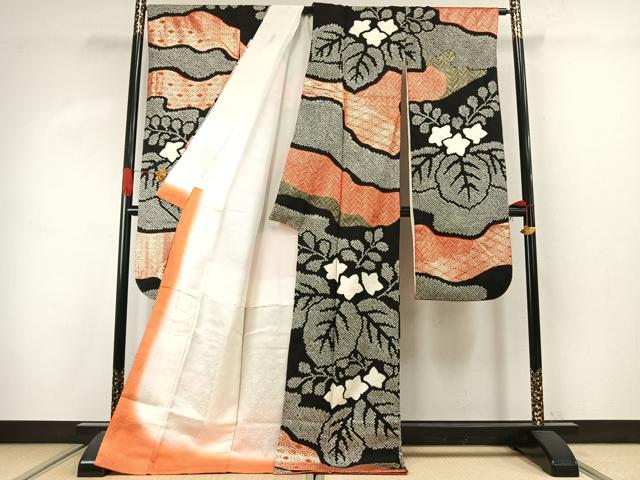 平和屋着物●豪華振袖　絞り　草花文　黒地　金彩　正絹　逸品　AABJ4132fy