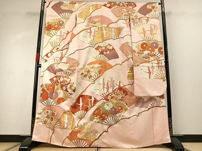 平和屋着物●豪華振袖　駒刺繍　扇面花鳥文　金彩　正絹　逸品　AABJ4133fy