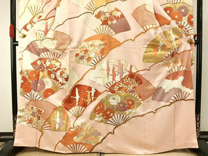 平和屋着物●豪華振袖　駒刺繍　扇面花鳥文　金彩　正絹　逸品　AABJ4133fy