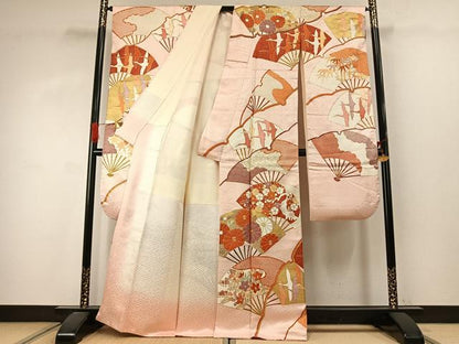 平和屋着物●豪華振袖　駒刺繍　扇面花鳥文　金彩　正絹　逸品　AABJ4133fy