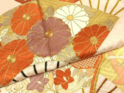 平和屋着物●豪華振袖　駒刺繍　扇面花鳥文　金彩　正絹　逸品　AABJ4133fy