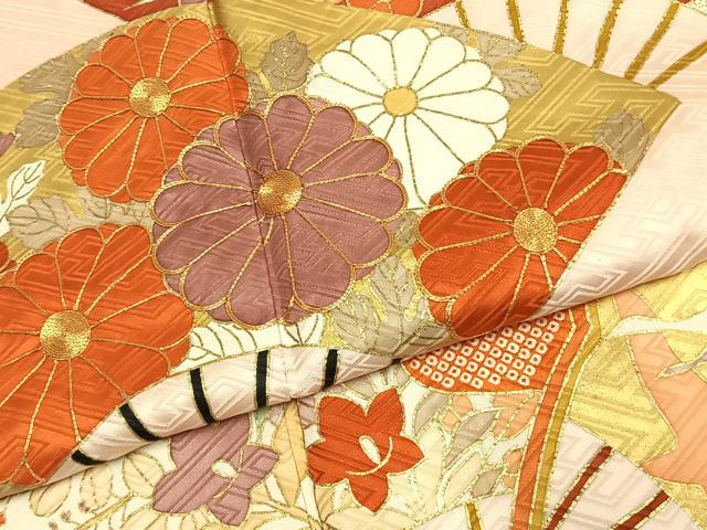 平和屋着物●豪華振袖　駒刺繍　扇面花鳥文　金彩　正絹　逸品　AABJ4133fy