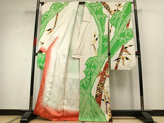平和屋着物●豪華振袖　駒刺繍　絞り　笹竹花文　金糸　金彩　正絹　逸品　AABJ4134fy