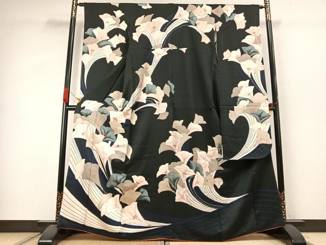平和屋着物●豪華振袖　草花文　黒地　正絹　逸品　AABJ4135fy