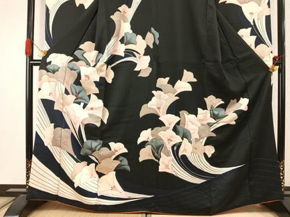 平和屋着物●豪華振袖　草花文　黒地　正絹　逸品　AABJ4135fy