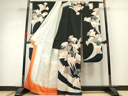 平和屋着物●豪華振袖　草花文　黒地　正絹　逸品　AABJ4135fy