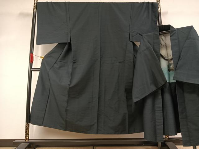 平和屋着物●男性　紬　アンサンブル　高麗納戸色　キングサイズ　正絹　逸品　AABJ4148fy