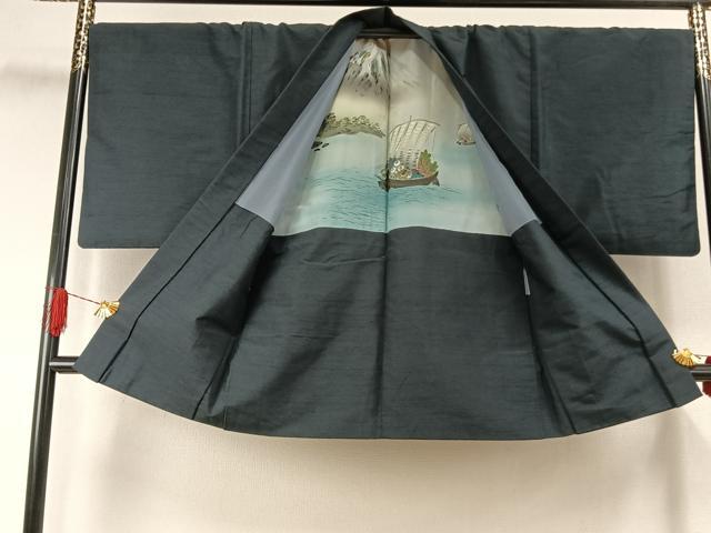 平和屋着物●男性　紬　アンサンブル　高麗納戸色　キングサイズ　正絹　逸品　AABJ4148fy