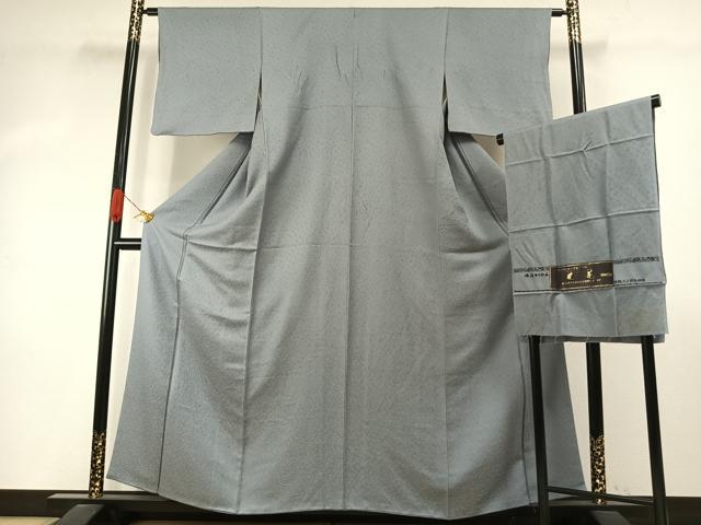 平和屋着物●上質な色無地　堅牢染　花尽くし地紋　灰青色　丹後ちりめん　反端付き　正絹　逸品　AABJ4155fy