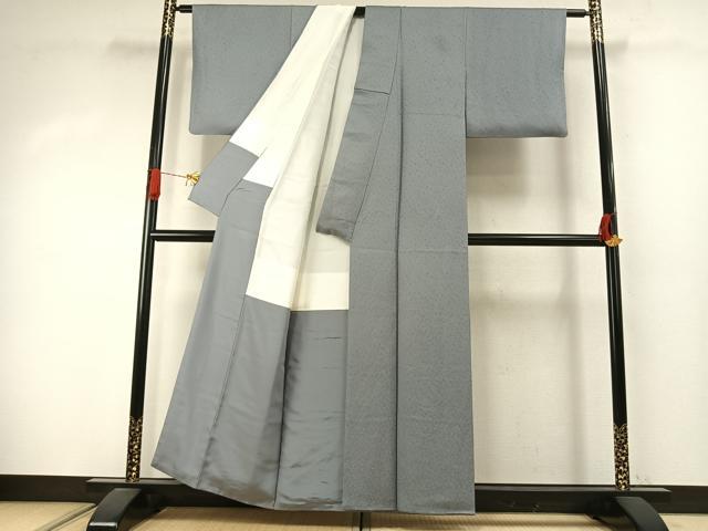 平和屋着物●上質な色無地　堅牢染　花尽くし地紋　灰青色　丹後ちりめん　反端付き　正絹　逸品　AABJ4155fy