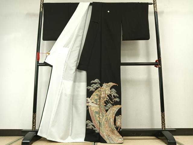 平和屋着物●豪華黒留袖　駒刺繍　御所車花鳥松文　金彩　正絹　逸品　AABJ4165fy