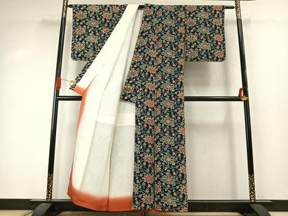 平和屋着物●上質な小紋　藍　型染め　花唐草文　鬼しぼ縮緬　正絹　逸品　未使用　AABJ4168fy
