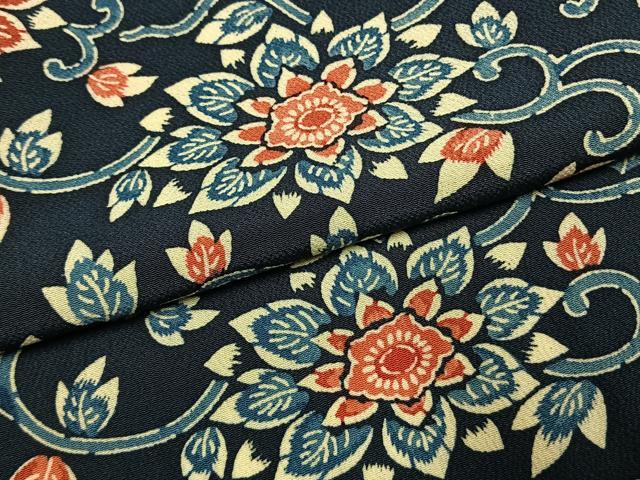 平和屋着物●上質な小紋　藍　型染め　花唐草文　鬼しぼ縮緬　正絹　逸品　未使用　AABJ4168fy