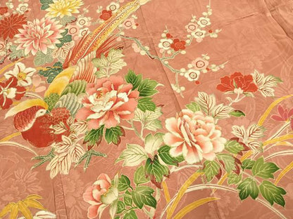 平和屋着物●アンティーク　大正ロマン　訪問着　刺繍　花鳥文　金彩　正絹　逸品　AABJ4177fy