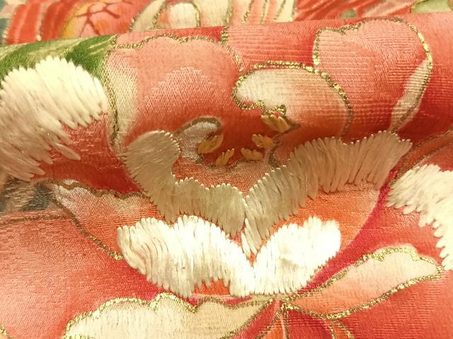 平和屋着物●アンティーク　大正ロマン　訪問着　刺繍　花鳥文　金彩　正絹　逸品　AABJ4177fy