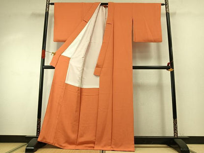 平和屋着物●上質な色無地　丸地紋　柿色　正絹　逸品　AABJ4180fy