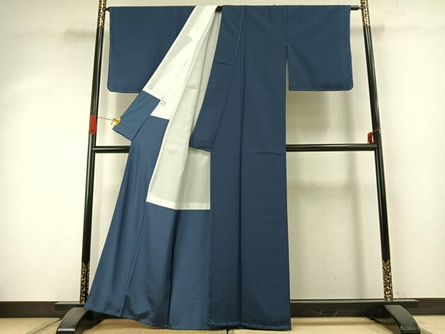 平和屋着物●色無地　草花地紋　鉄御納戸色　洗える着物　未使用　AABJ4187fy