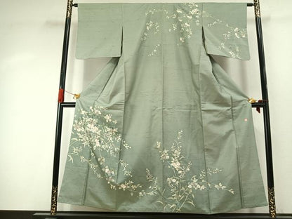 平和屋着物●訪問着　紬地　友禅　作家物　草花文　正絹　逸品　AABJ4208fy