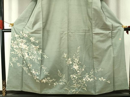平和屋着物●訪問着　紬地　友禅　作家物　草花文　正絹　逸品　AABJ4208fy