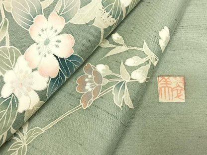平和屋着物●訪問着　紬地　友禅　作家物　草花文　正絹　逸品　AABJ4208fy