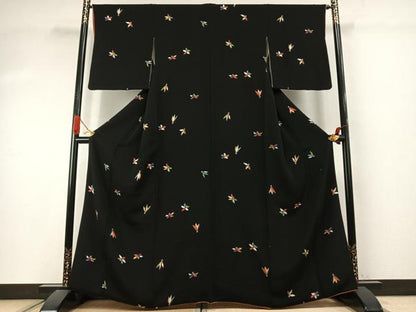 平和屋着物●上質な小紋　舞花文　黒地　金彩　鬼しぼ縮緬　正絹　逸品　AABJ4209fy