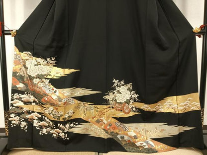 平和屋着物●豪華黒留袖　刺繍　扇面花文　金銀彩　ますいわ屋扱い　正絹　逸品　AABJ4216fy