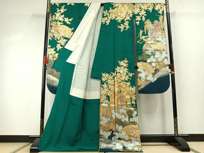 平和屋着物●豪華振袖　御所車扇面花文　金銀彩　銀通し地　正絹　逸品　AABJ4217fy