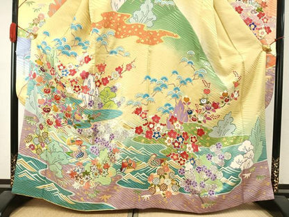 平和屋着物●豪華振袖　駒刺繍　花鳥文　暈し染め　金糸　金彩　正絹　逸品　AABJ4241fy