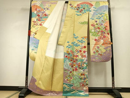 平和屋着物●豪華振袖　駒刺繍　花鳥文　暈し染め　金糸　金彩　正絹　逸品　AABJ4241fy