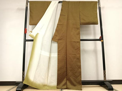 平和屋着物●お召　色無地　花菱地紋　青丹色　正絹　逸品　AABJ4247fy
