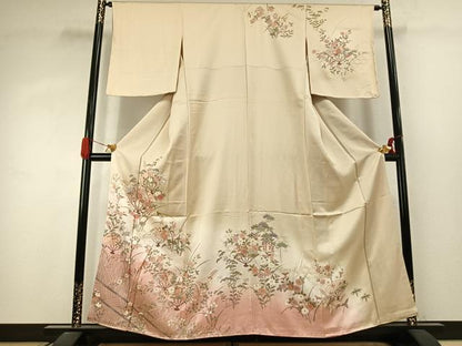 平和屋着物●訪問着　扇面花蝶文　暈し染め　金銀彩　正絹　逸品　未使用　AABJ4252fy