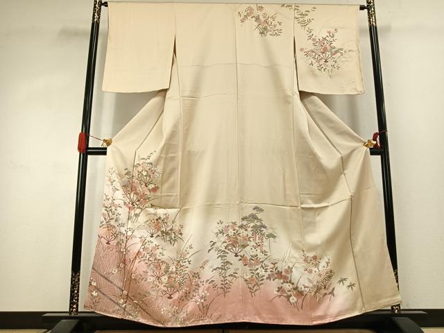 平和屋着物●訪問着　扇面花蝶文　暈し染め　金銀彩　正絹　逸品　未使用　AABJ4252fy