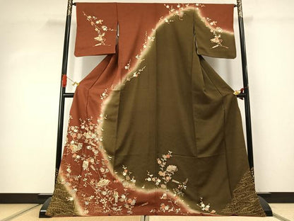 平和屋着物●訪問着　駒刺繍　扇面花鳥文　暈し染め　金彩　ロング丈　正絹　逸品　AABJ4267fy