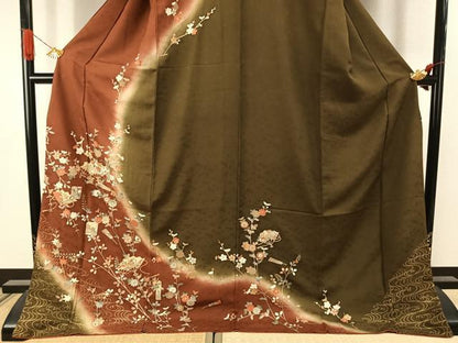 平和屋着物●訪問着　駒刺繍　扇面花鳥文　暈し染め　金彩　ロング丈　正絹　逸品　AABJ4267fy