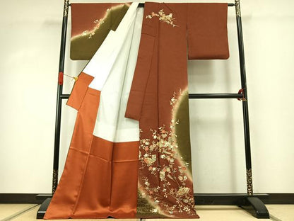 平和屋着物●訪問着　駒刺繍　扇面花鳥文　暈し染め　金彩　ロング丈　正絹　逸品　AABJ4267fy