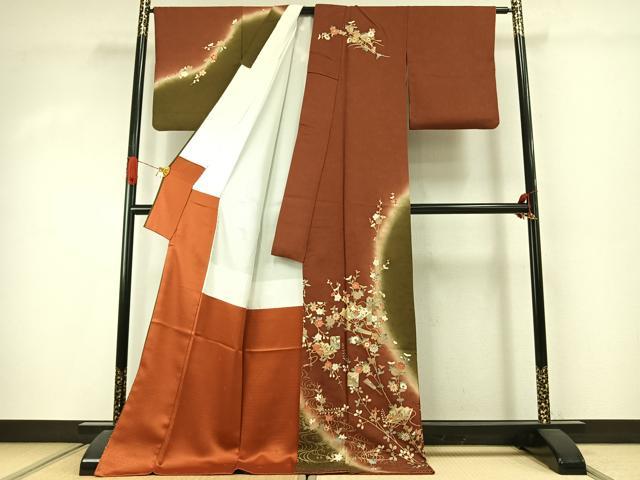 平和屋着物●訪問着　駒刺繍　扇面花鳥文　暈し染め　金彩　ロング丈　正絹　逸品　AABJ4267fy