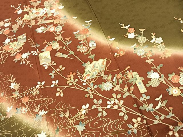 平和屋着物●訪問着　駒刺繍　扇面花鳥文　暈し染め　金彩　ロング丈　正絹　逸品　AABJ4267fy