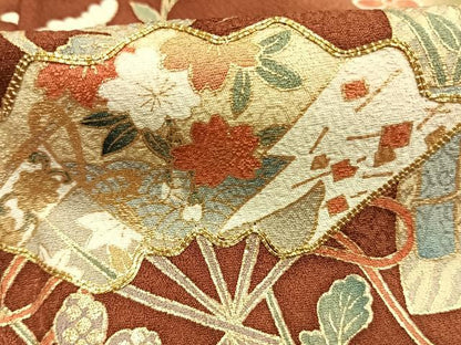 平和屋着物●訪問着　駒刺繍　扇面花鳥文　暈し染め　金彩　ロング丈　正絹　逸品　AABJ4267fy