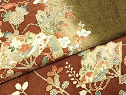 平和屋着物●訪問着　駒刺繍　扇面花鳥文　暈し染め　金彩　ロング丈　正絹　逸品　AABJ4267fy