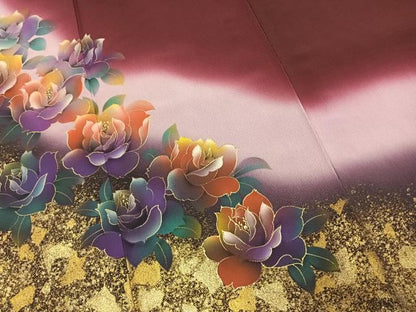 平和屋着物●振袖　草花文　暈し染め　金彩　洗える着物　AABJ4270fy