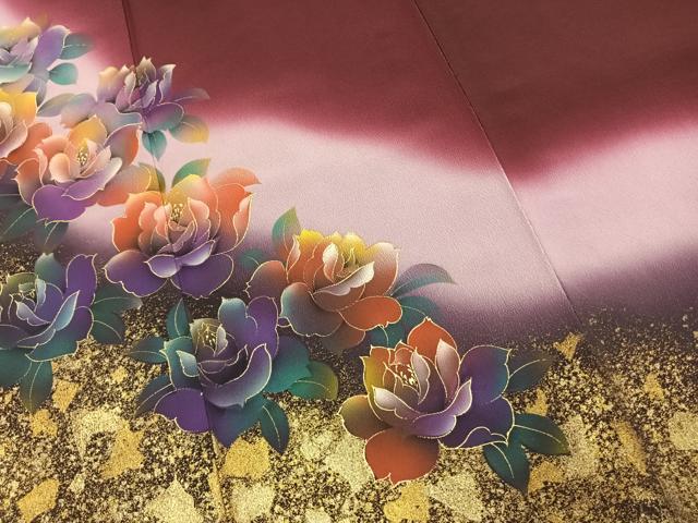 平和屋着物●振袖　草花文　暈し染め　金彩　洗える着物　AABJ4270fy