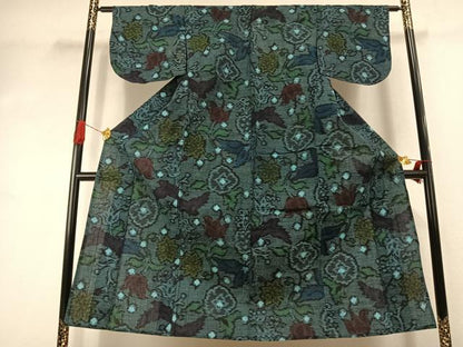 平和屋着物●久留米絣　単衣　草花文　綿　逸品　AABJ4271fy