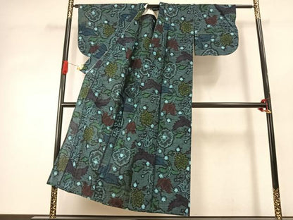 平和屋着物●久留米絣　単衣　草花文　綿　逸品　AABJ4271fy