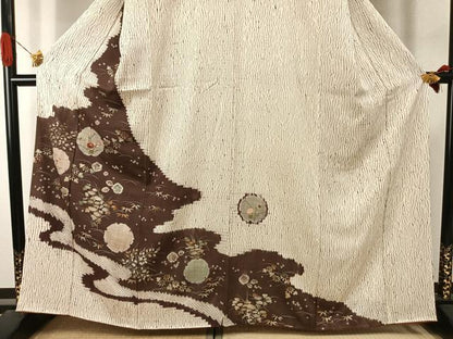 平和屋着物●訪問着　杢目絞り　刺繍　雪輪花文　金彩　正絹　逸品　AABJ4276fy