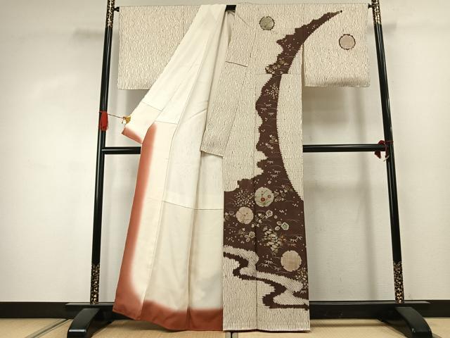 平和屋着物●訪問着　杢目絞り　刺繍　雪輪花文　金彩　正絹　逸品　AABJ4276fy