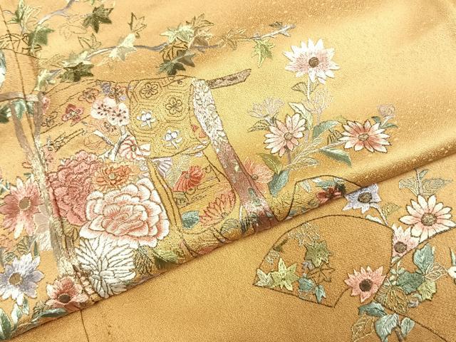平和屋着物●訪問着　蘇州刺繍　総刺繍　誰が袖地紙花文　金糸　反端付き　正絹　逸品　未使用　AABJ4277fy