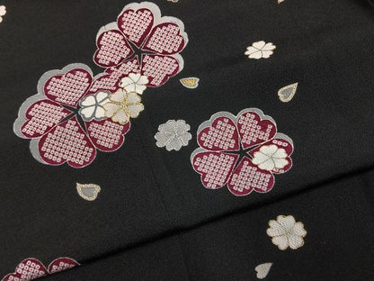 平和屋着物●訪問着　駒刺繍　舞花文　黒地　金彩　鬼しぼ縮緬　ロング丈　正絹　逸品　AABJ4290fy